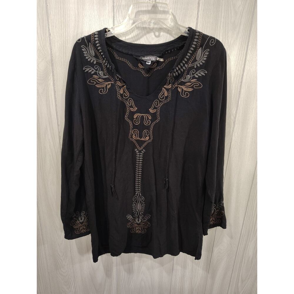 Como No? Shirt Womens Medium Black Embroidered Pullon Boho Top Witchy Hippie Art